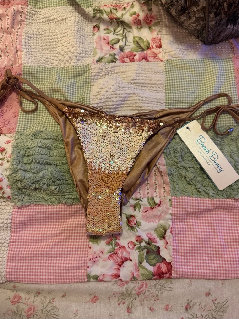 Beach Bunny Rose Gold Sequin Tie-Side Bikini Bottoms